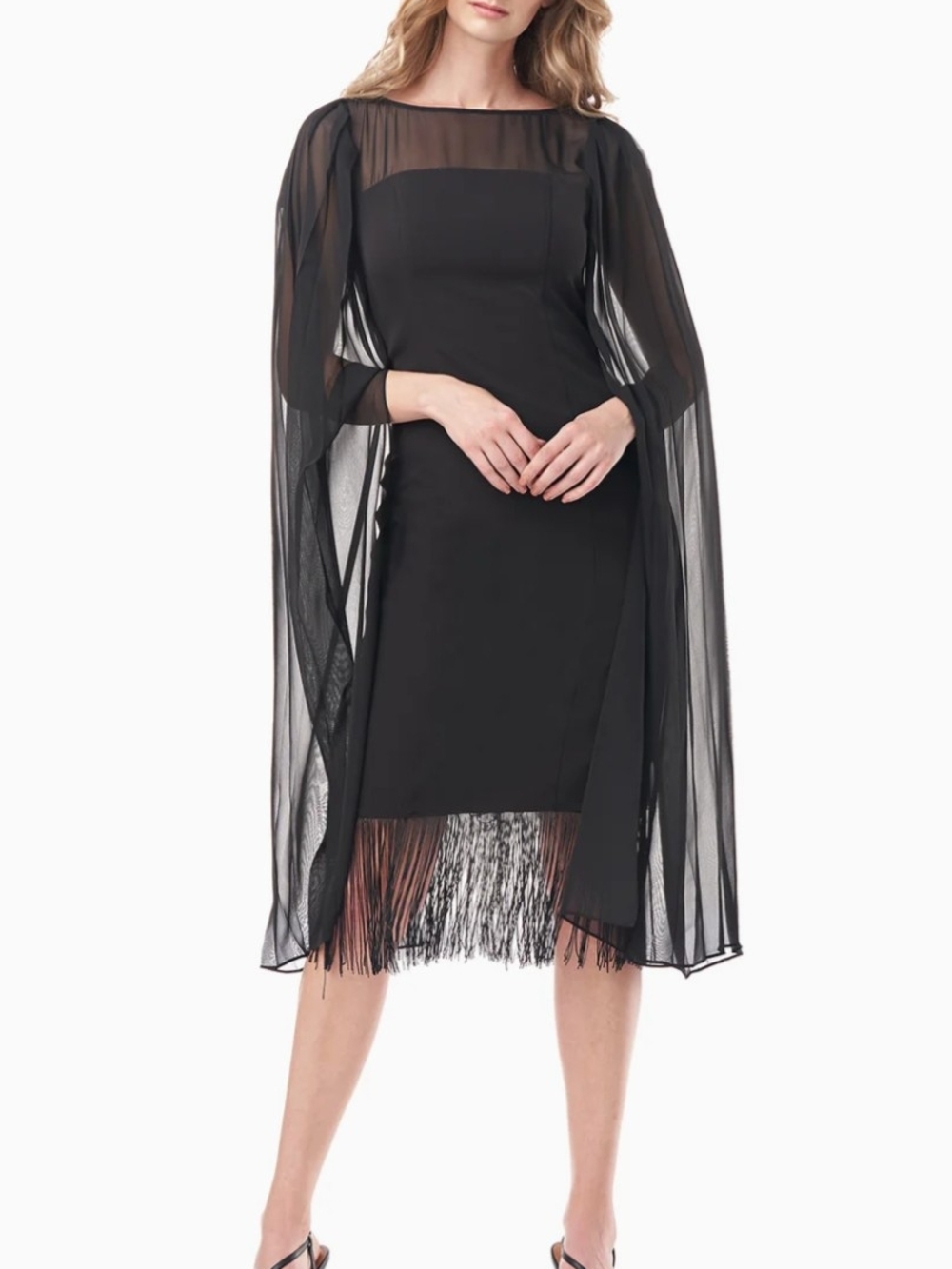 🌼B2G1🌼 Kay Unger Black Sheer Cape Fringe Midi Dress NWOT